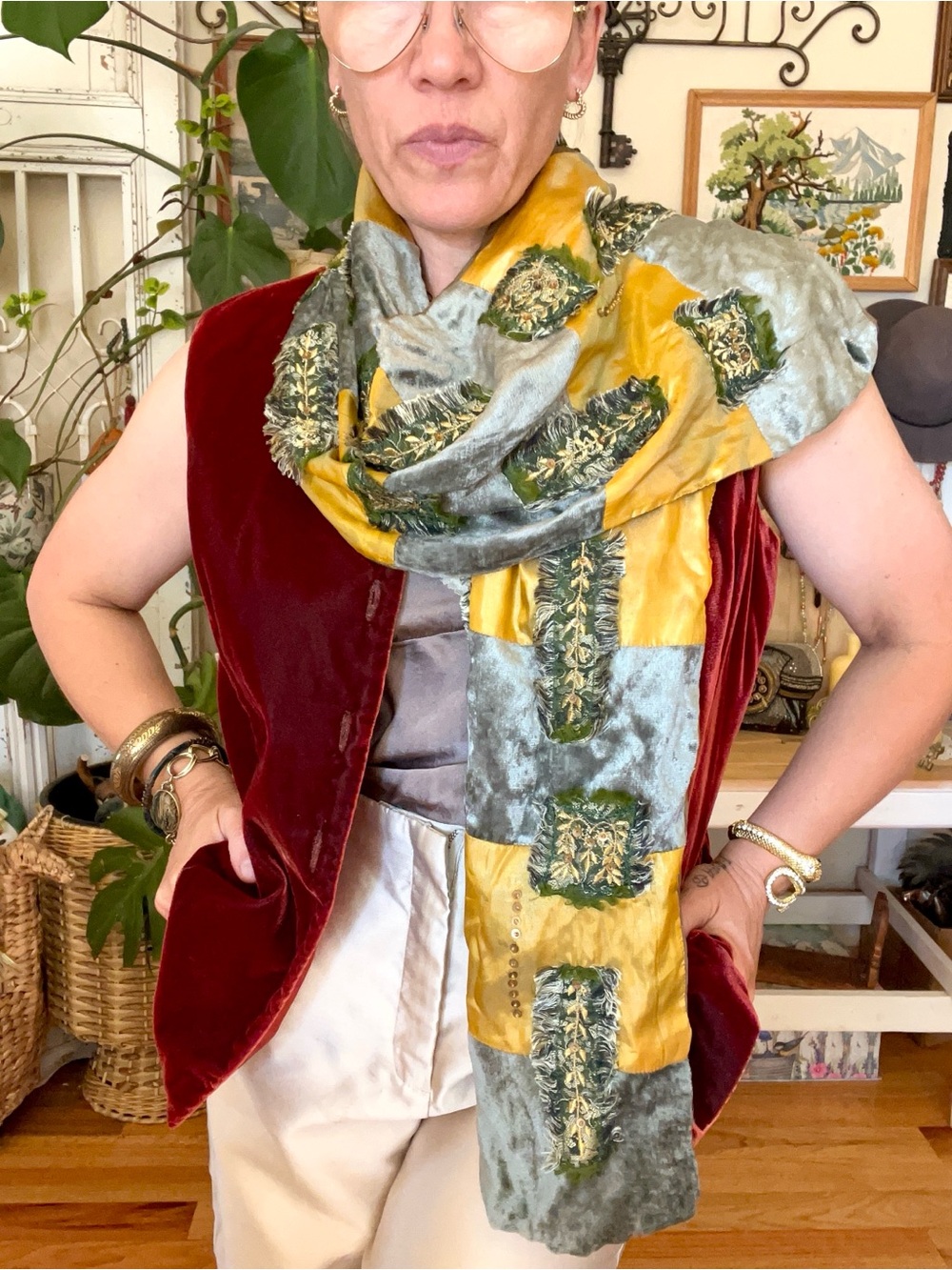 Vintage 90’s Y2K Chico's Bangalore velvet scarf, featuring striking embroidery